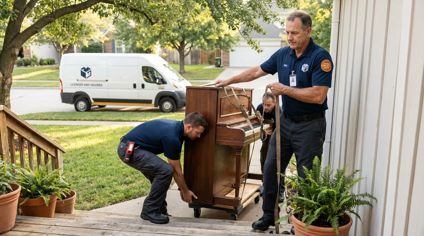 Licensed piano movers securing grand piano in Lufkin, TX