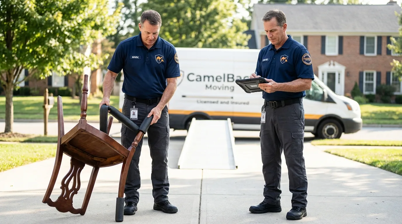 Movers inspecting furniture for damage prevention before loading in Lufkin, TX